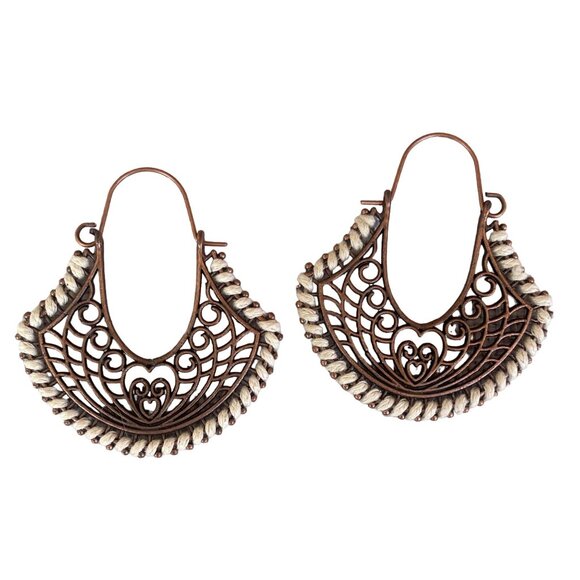 Boho Copper Filigree Hoop Earrings with Cream Accents Handmade 2 Inch Drop Light - Picture 1 of 6